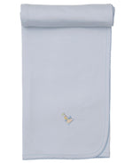 The Premier Noah's Ark Blanket with Hand Emb. by Kissy Kissy is a light blue Pima cotton baby blanket, neatly folded, with a small embroidered duck and duckling design in one corner.