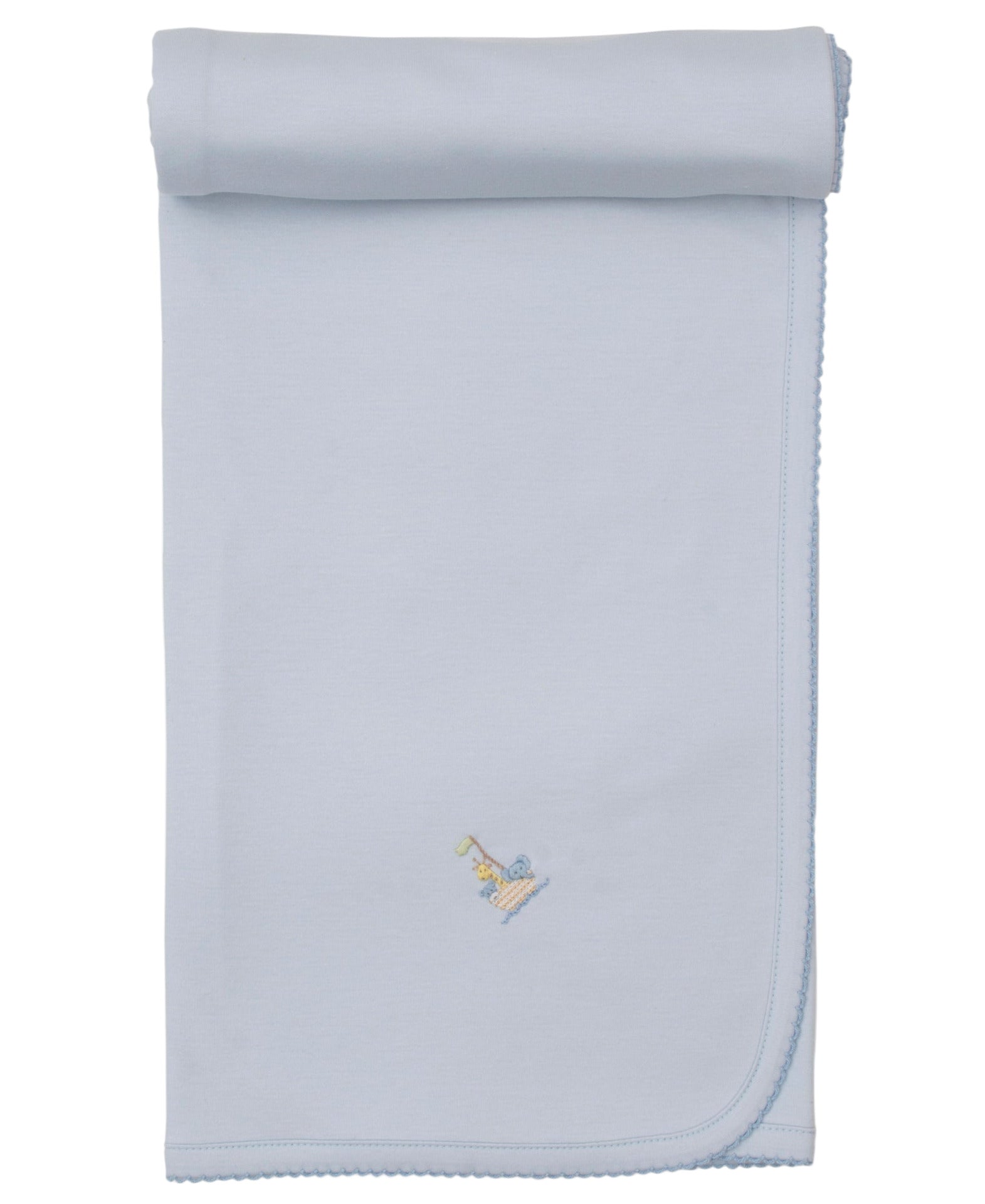 The Premier Noah's Ark Blanket with Hand Emb. by Kissy Kissy is a light blue Pima cotton baby blanket, neatly folded, with a small embroidered duck and duckling design in one corner.