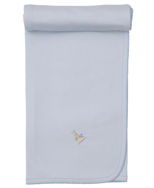 The Premier Noah's Ark Blanket with Hand Emb. by Kissy Kissy is a light blue Pima cotton baby blanket, neatly folded, with a small embroidered duck and duckling design in one corner.