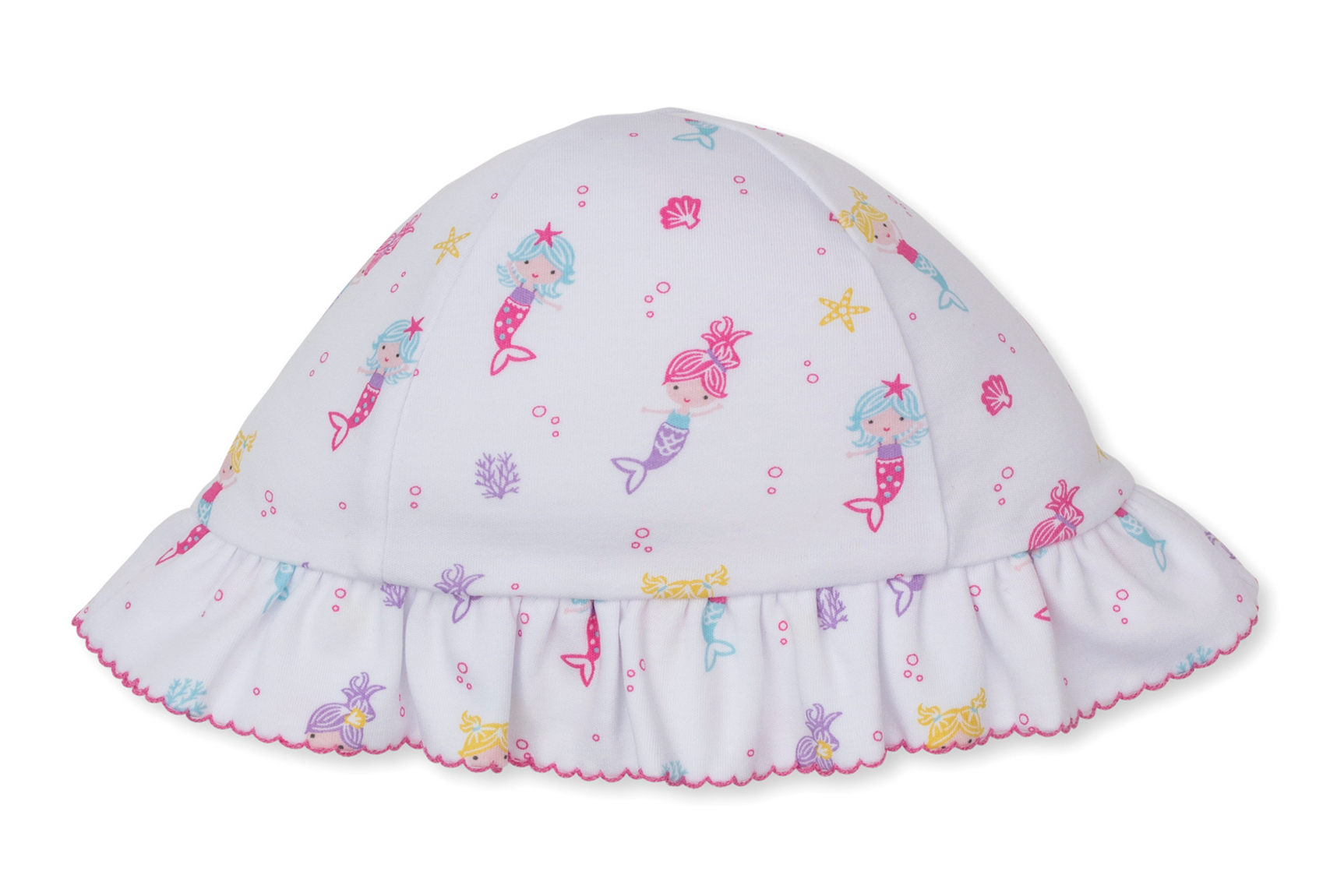 The Underwater Mermaids Floppy Hat by Kissy Kissy is crafted from soft Pima cotton and features a colorful underwater mermaid print with sea creatures, a ruffled brim, and pink stitching along the edge.
