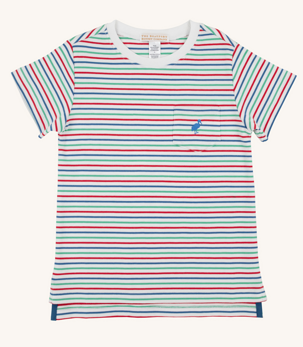 The Beaufort Bonnet Company’s Baby Boys' Carter Crewneck features short sleeves, red, green, and Buckhead Blue stripes, a white neckline, and a chest pocket with a small blue bird logo.