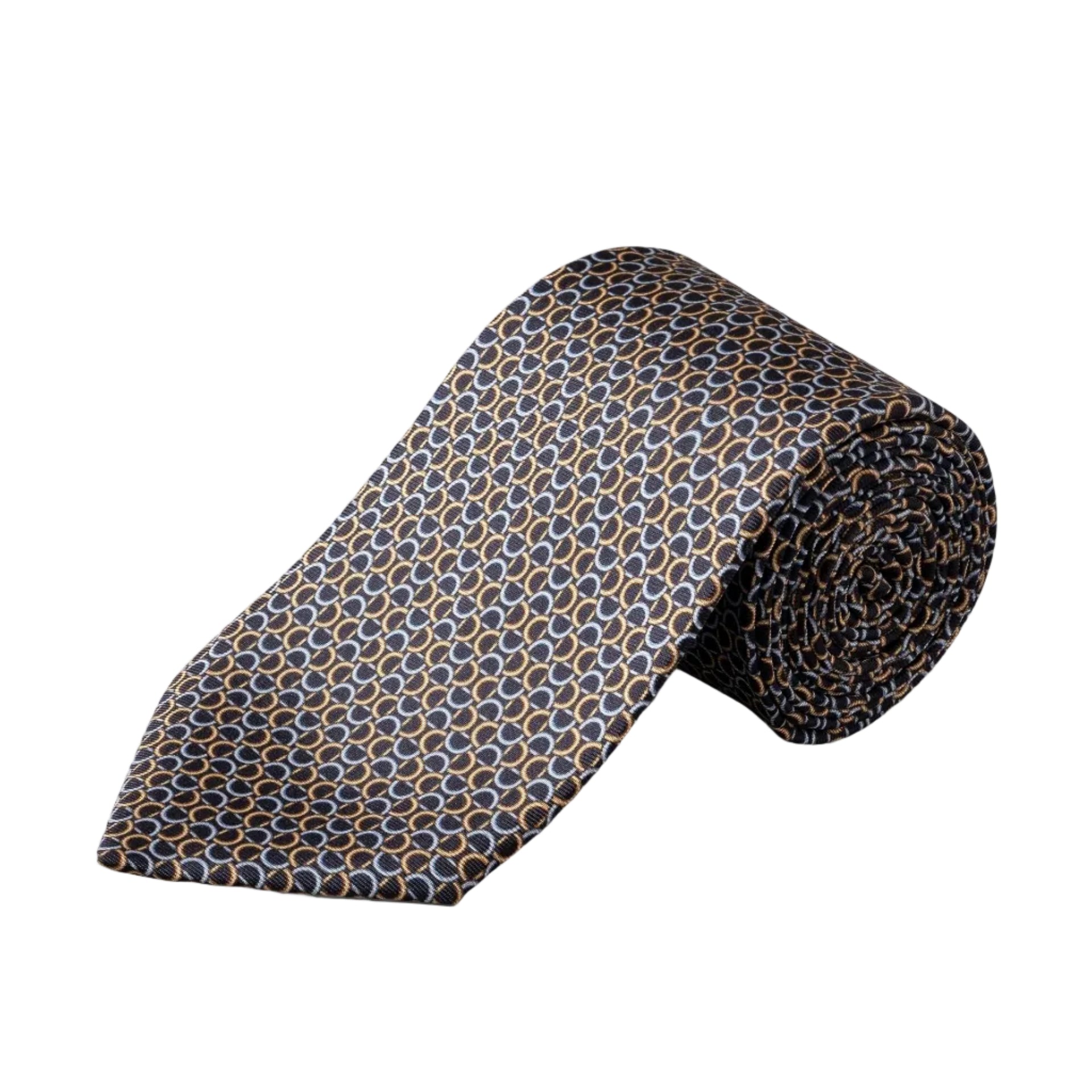 The Eton Geometric Printed Silk Tie features a repeating geometric pattern in navy blue, gold, and beige tones. Elegantly rolled and displayed on a white background, this men's accessory is perfect for bringing business sophistication to any ensemble.