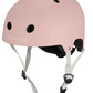 The Banwood Eco Helmet is a light pink helmet from the eco collection, featuring ventilation holes, white adjustable straps, a black buckle, and is crafted from recycled materials for a classic look.