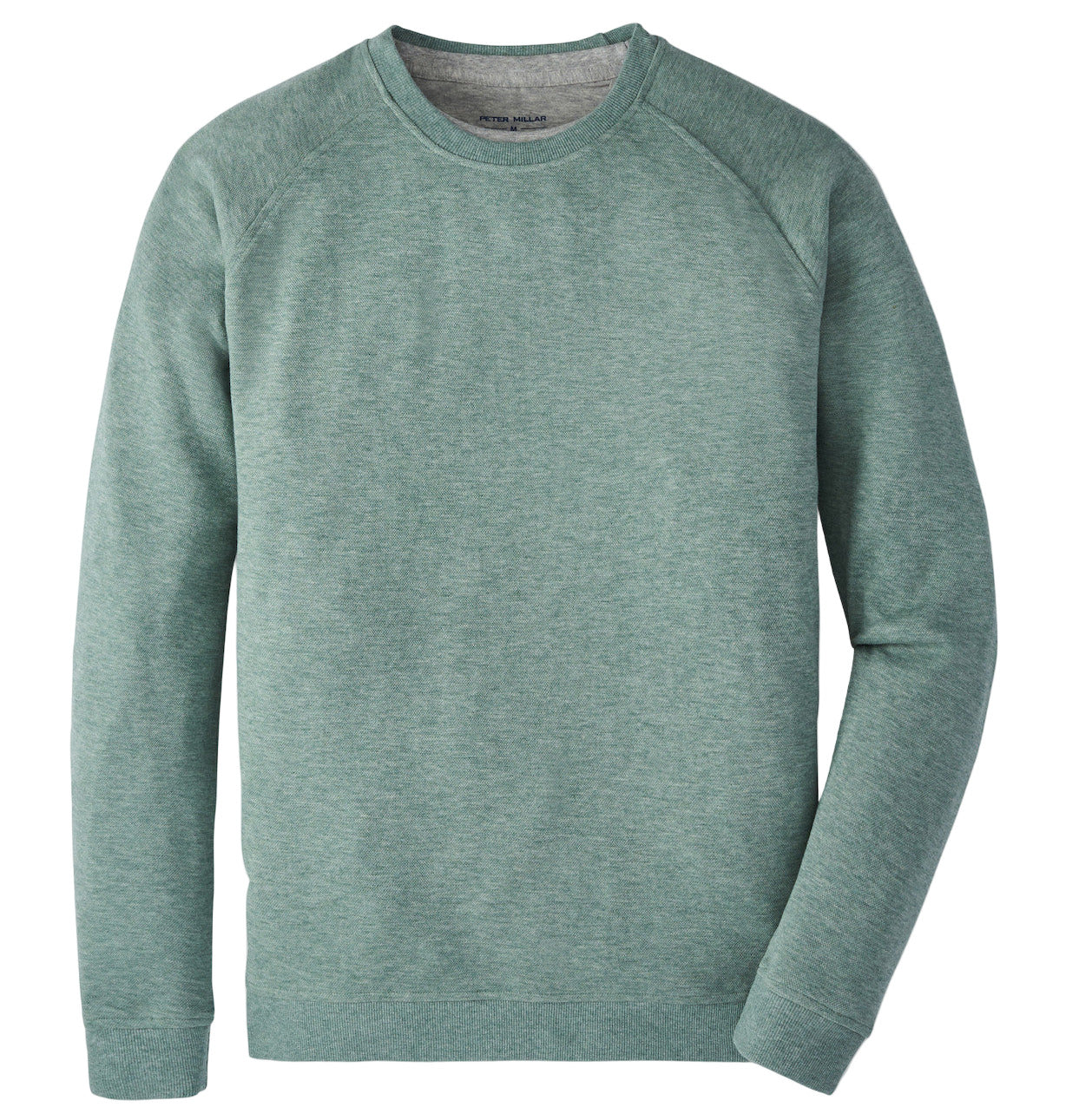 The Peter Millar Crown Comfort Knit Crew is a heathered light green cotton blend crewneck sweater with long sleeves, shown flat on a white background.