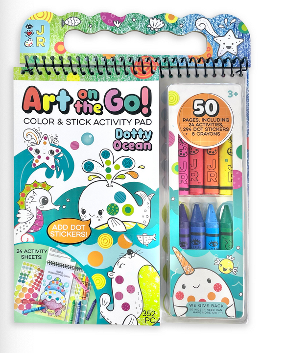 Bright Stripes’ Art on the Go! Dotty Ocean activity pad set includes crayons, stickers, and 24 fun pages with cartoon sea animals—ideal for a creative kids' art station for ages 3+.