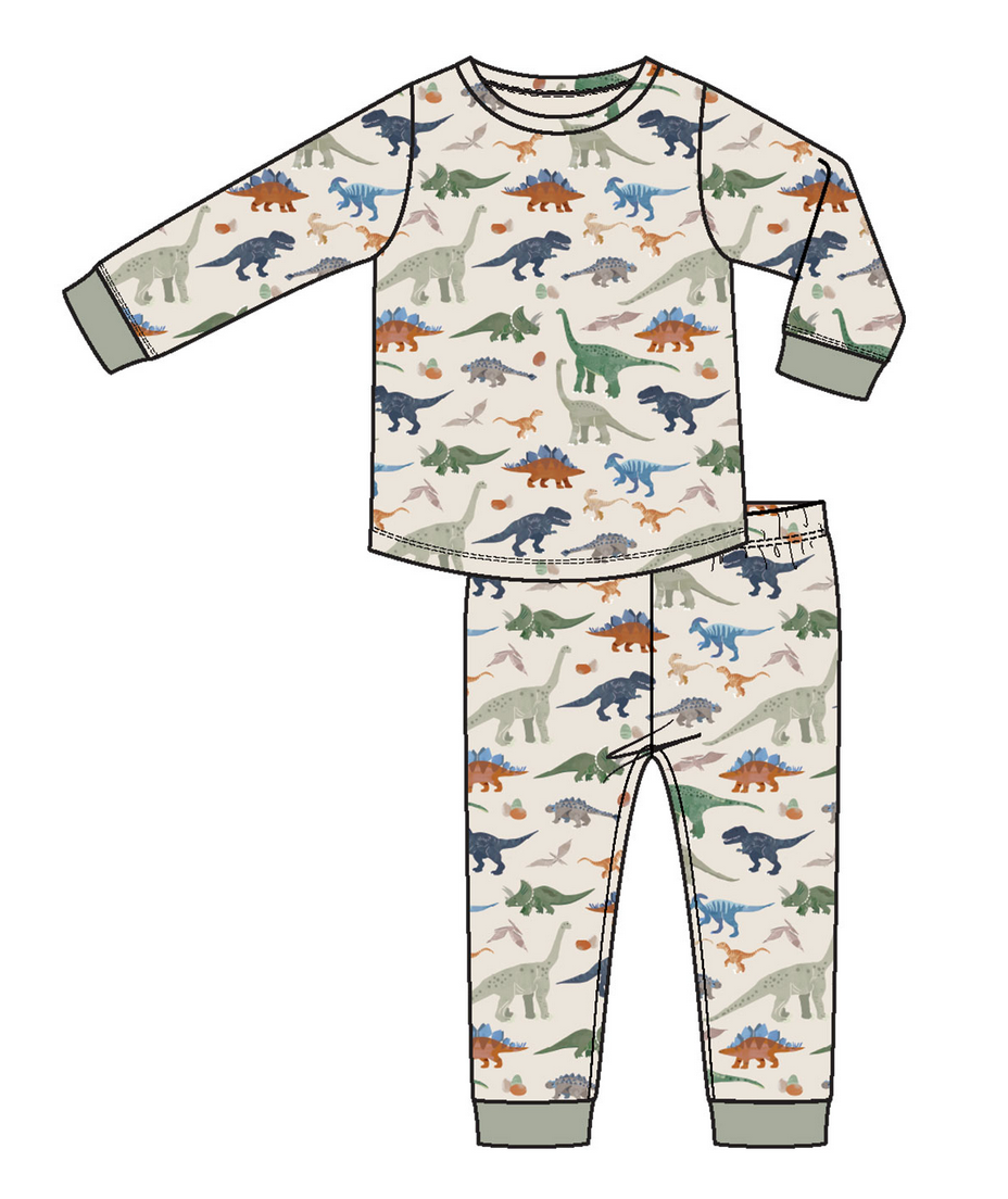 Angel Dear’s Baby and Kids' Long Sleeve Loungewear Set features a matching top and pants with a multicolored dinosaur print, green cuffs, and breathable fabric for cozy comfort.