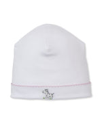 The Baby SCE Safari Party Hat by Kissy Kissy is a white Pima cotton baby beanie with pink stitching along the edge and a small embroidered gray giraffe near the brim. Crafted for ultimate comfort and part of our charming Safari Party Collection, this hat showcases delicate hand embroidery for a whimsical touch.