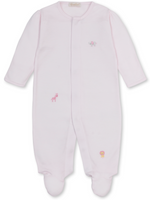 Kissy Kissy Baby SCE Jungle Hang Out Stripe Footie in light pink Pima cotton with long sleeves, footed legs, and delicate hand-embroidered jungle animals—including a giraffe, elephant, and lion—on the front.