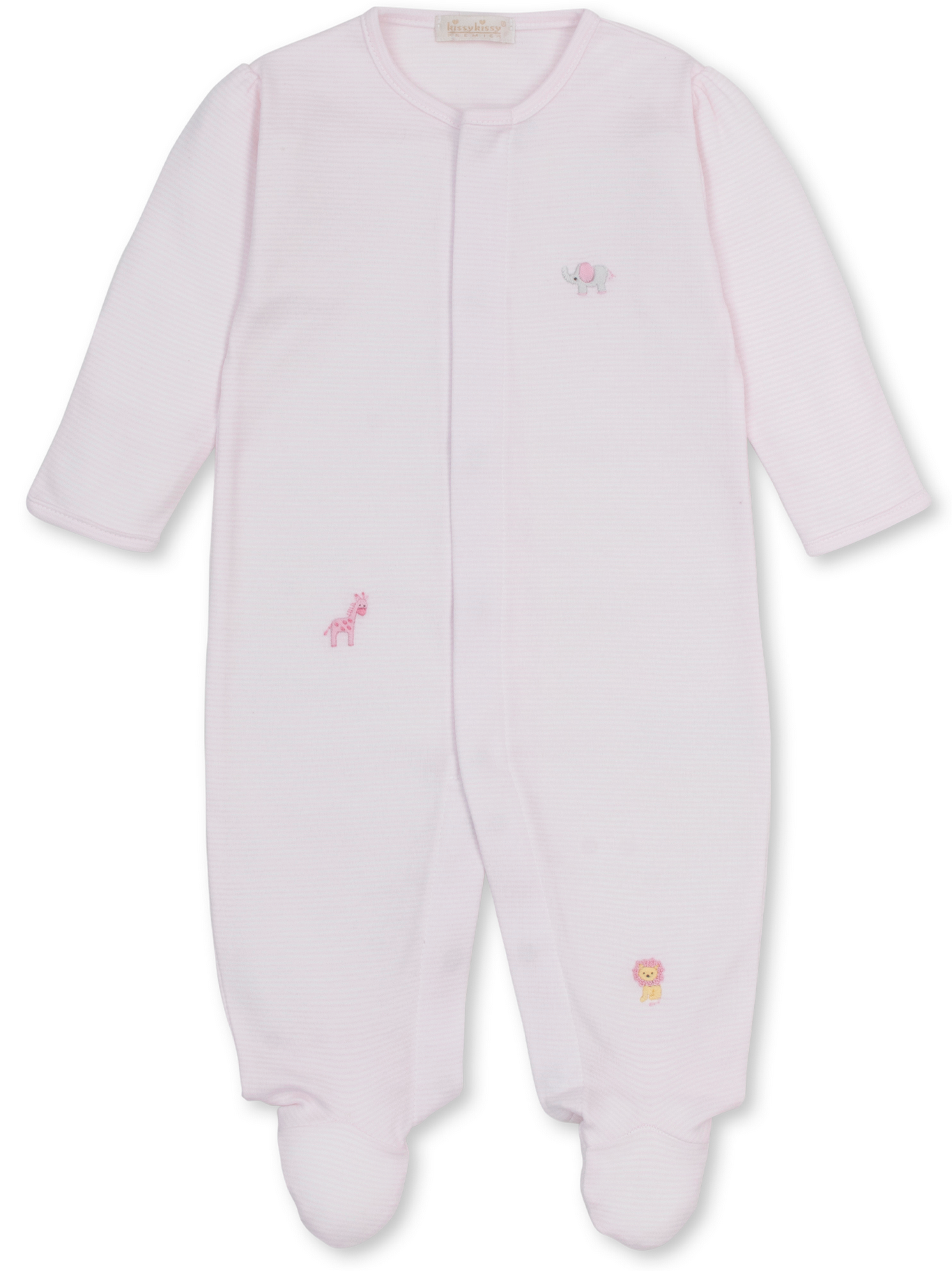 Kissy Kissy Baby SCE Jungle Hang Out Stripe Footie in light pink Pima cotton with long sleeves, footed legs, and delicate hand-embroidered jungle animals—including a giraffe, elephant, and lion—on the front.