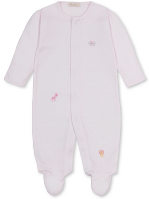 Kissy Kissy Baby SCE Jungle Hang Out Stripe Footie in light pink Pima cotton with long sleeves, footed legs, and delicate hand-embroidered jungle animals—including a giraffe, elephant, and lion—on the front.
