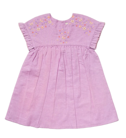 The Girls’ Lila Dress by Early Sunday is a light purple cotton linen dress for children, featuring short ruffled sleeves, floral embroidery on the chest, and a pleated skirt, beautifully displayed on a white background.
