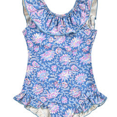 The Louise Misha Baby Girls' and Girls' Andrea Bathing Suit is a vintage-inspired one-piece in blue with a floral pattern, featuring a ruffled neckline and skirted bottom.