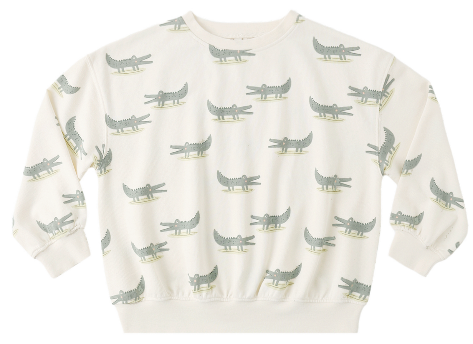 The Rylee & Cru Baby Boys' and Boys' Relaxed Sweatshirt features a cream color, soft French terry fabric, and a playful green cartoon crocodile pattern.