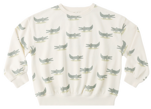 The Rylee & Cru Baby Boys' and Boys' Relaxed Sweatshirt features a cream color, soft French terry fabric, and a playful green cartoon crocodile pattern.