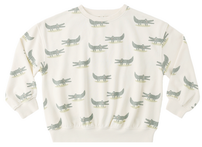 The Rylee & Cru Baby Boys' and Boys' Relaxed Sweatshirt features a cream color, soft French terry fabric, and a playful green cartoon crocodile pattern.
