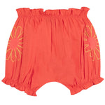 The Baby Girls' Lancienne Bloomer by Bonton comes in bright coral with a comfy elastic waistband, playful ruffle trim, and large yellow embroidered flowers on each side in a signature Bonton cut.