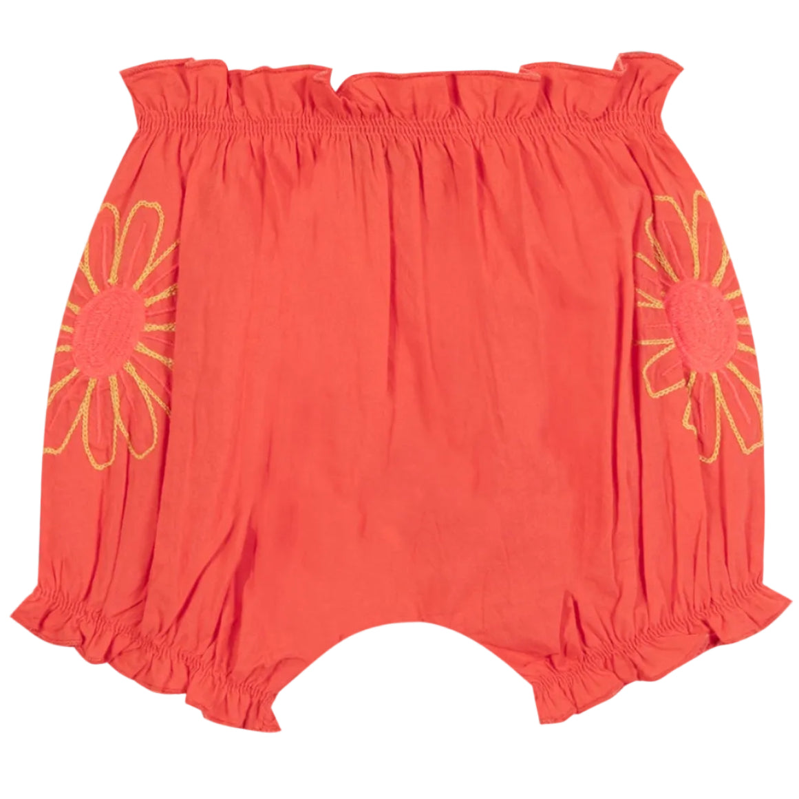 The Baby Girls' Lancienne Bloomer by Bonton comes in bright coral with a comfy elastic waistband, playful ruffle trim, and large yellow embroidered flowers on each side in a signature Bonton cut.