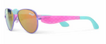 The Bling2O Girls’ Hampton Beach Sunglasses feature purple frames, mirrored UV-protected lenses, and pink and turquoise arms with a playful mermaid scale pattern—perfect stylish beach sunglasses for kids.