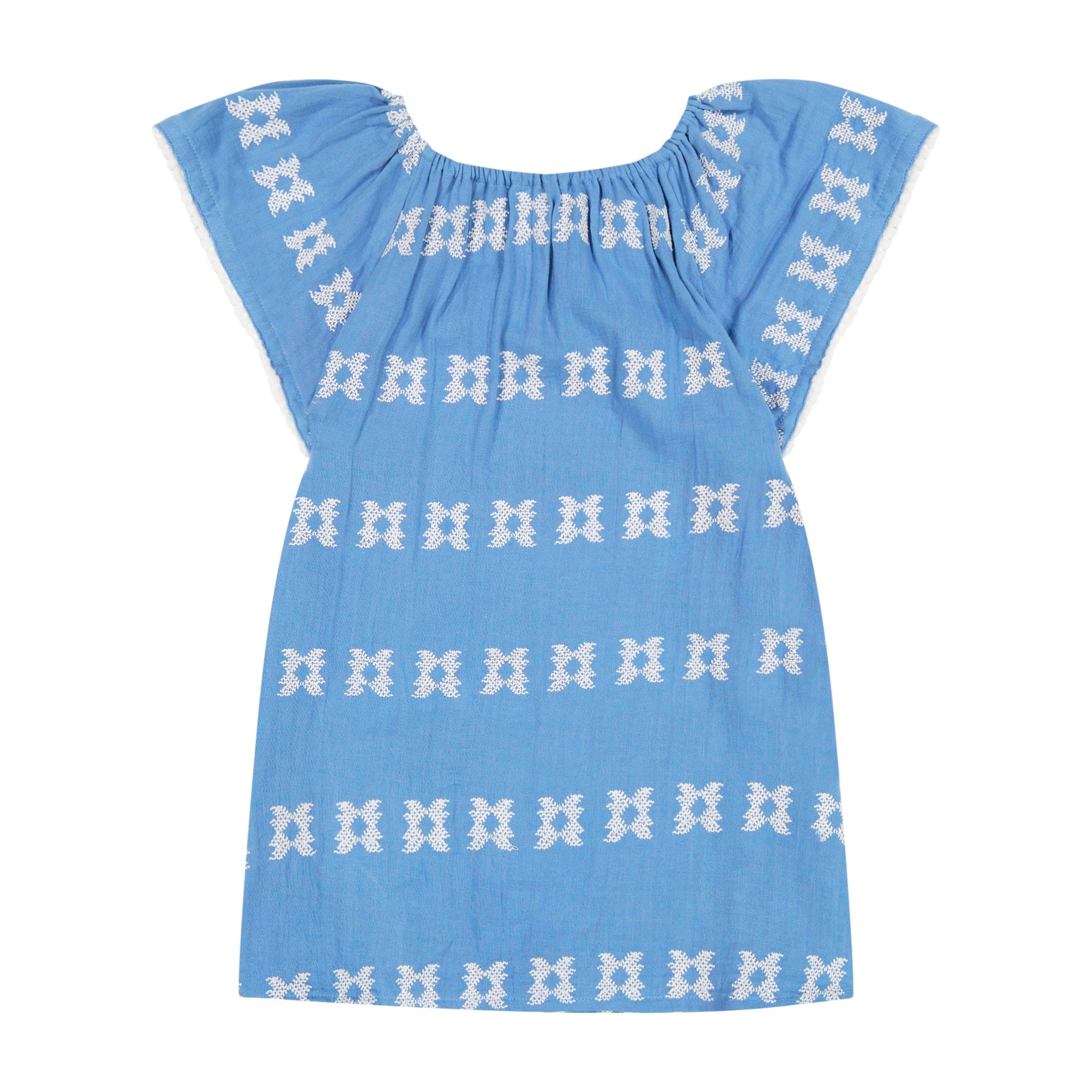 Light blue short-sleeve Girls’ Mini Capucine Caftan by Mer, adorned with white embroidered horizontal patterns and displayed flat against a white background. This lightweight cotton caftan features delicate embroidered detailing for effortless charm.