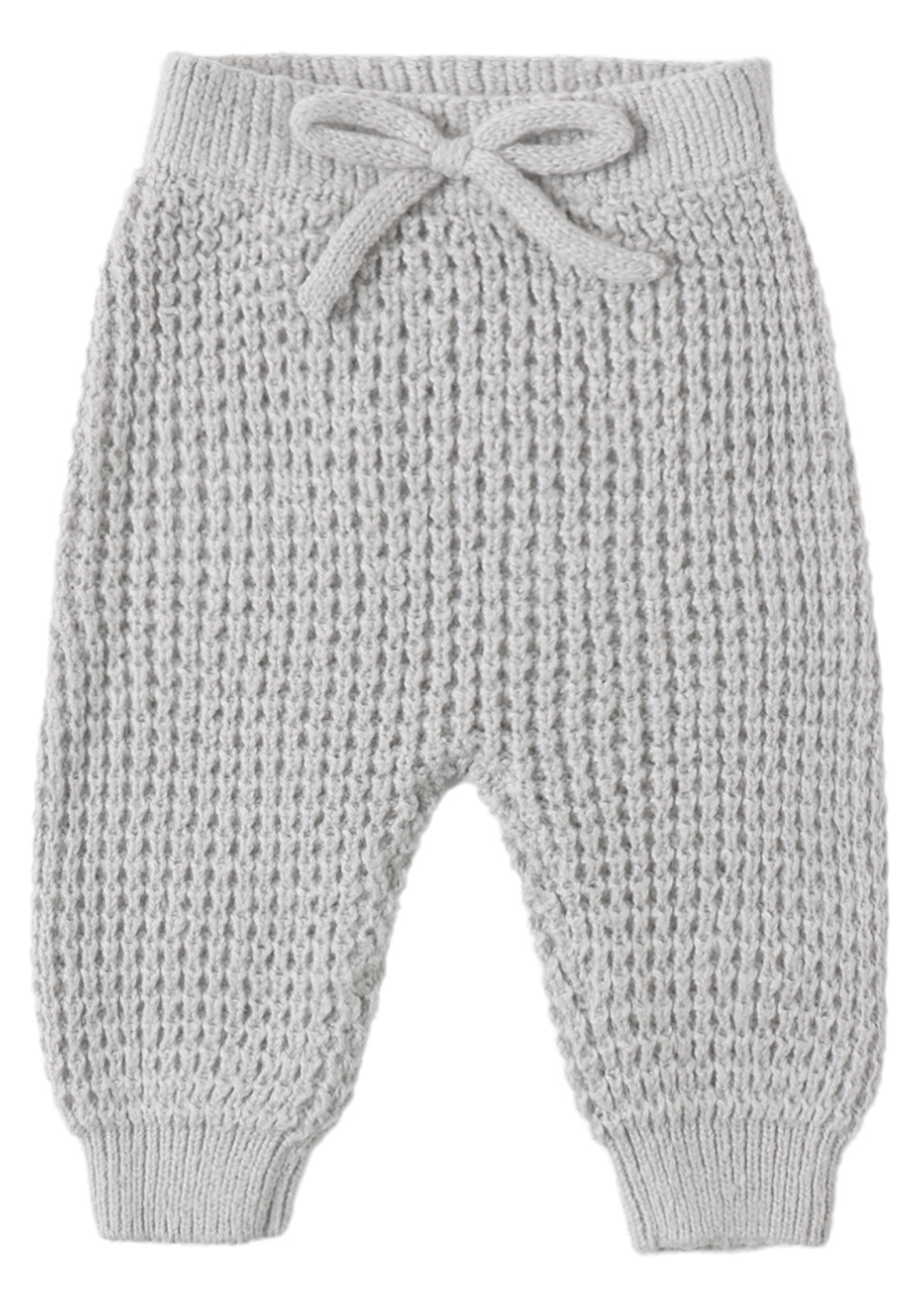 Light grey Quincy Mae Baby and Kids’ Chucky Knit Pant in a cozy waffle-knit, relaxed-fit style with a drawstring waistband and ribbed cuffs.