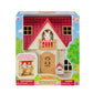 Boxed Calico Critters Red Roof Cozy Cottage, showcasing a Chocolate Rabbit Girl figure on the balcony and a beautifully displayed, charming interior on the packaging.