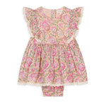 The Louise Misha Baby Girls' Lena Romper is a pink and beige cotton voile floral outfit with ruffled sleeves and a matching bottom.