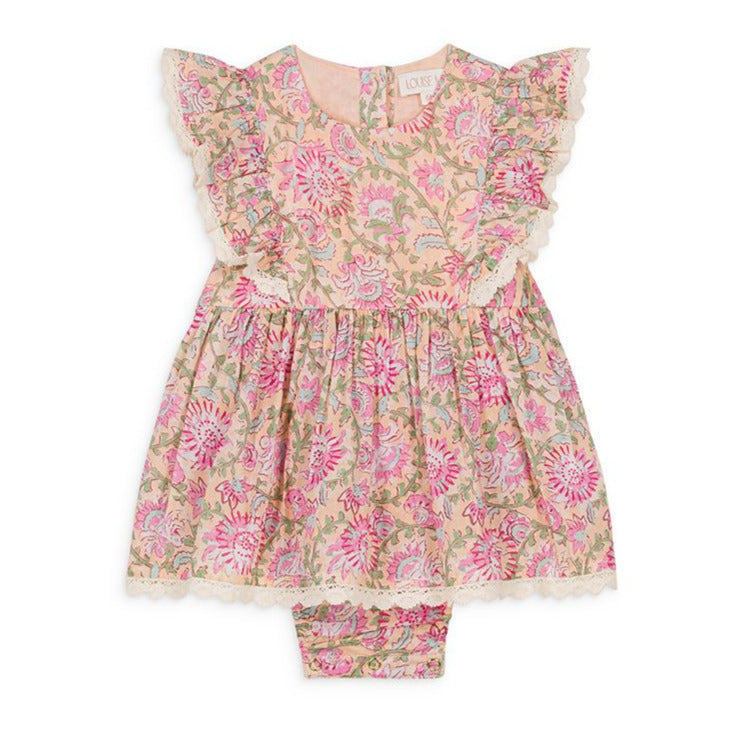 The Louise Misha Baby Girls' Lena Romper is a pink and beige cotton voile floral outfit with ruffled sleeves and a matching bottom.