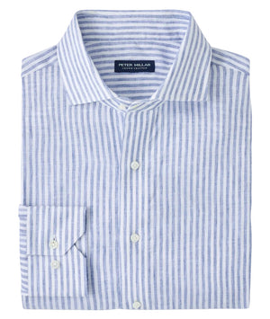 The Peter Millar Astino Lino Stripe Sport Shirt is a folded, long-sleeve Italian linen button-up with light blue and white stripes, front pocket, cutaway collar, and mother-of-pearl buttons.