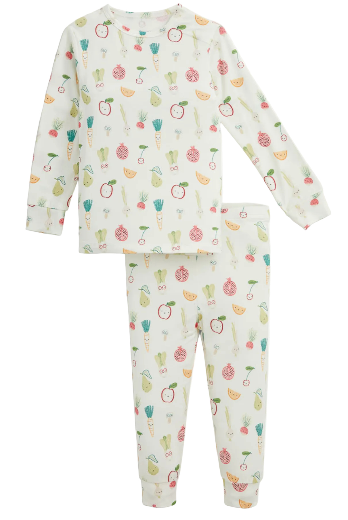 Magnetic Me’s Baby Kale Yeah Pajama Pant is a children’s long-sleeve magnetic PJ set made from silky soft modal fabric, featuring a white background with a colorful fruit and vegetable print, including apples, carrots, strawberries, and lemons.
