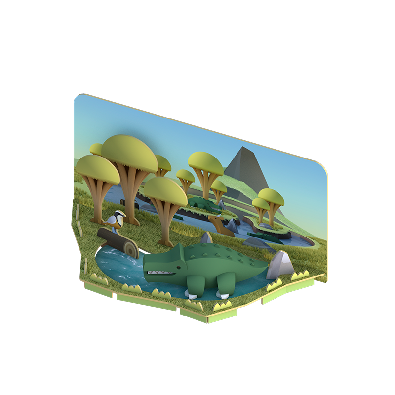 Illustration of a stylized landscape featuring Halftoys Safari Friends, a river, a waterfall, and pyramids in the background.