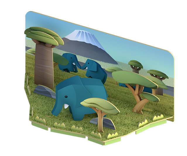 A stylized 3D illustration of a family of blue elephants in a grassy landscape with trees and a distant mountain, inspired by Halftoys Safari Friends.