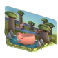 Digital illustration of anthropomorphic pigs lounging by a river with oversized mushrooms and scattered rocks in a surreal landscape, featuring elements inspired by Halftoys Safari Friends.