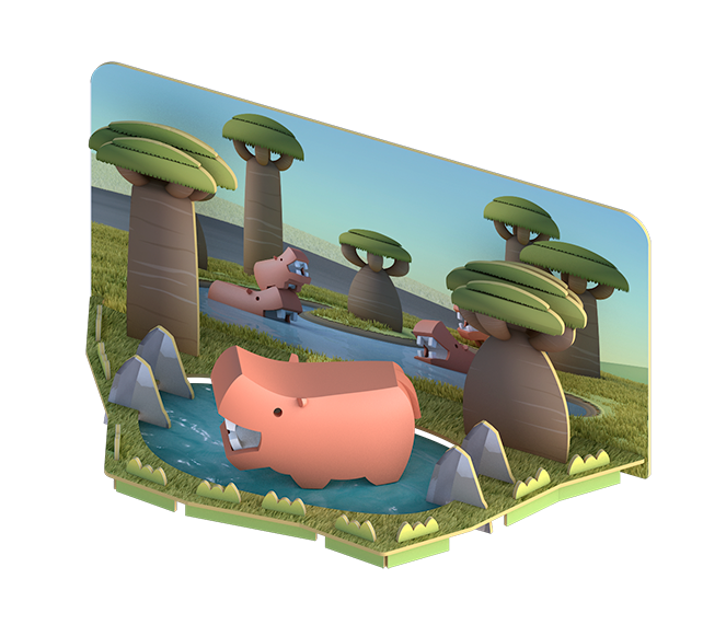 Digital illustration of anthropomorphic pigs lounging by a river with oversized mushrooms and scattered rocks in a surreal landscape, featuring elements inspired by Halftoys Safari Friends.