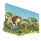 A stylized 3D illustration of a lion and a gazelle in a grassy landscape with trees, bushes, and rocks, resembling an animal skeleton puzzle from Halftoys Safari Friends by Halftoys.