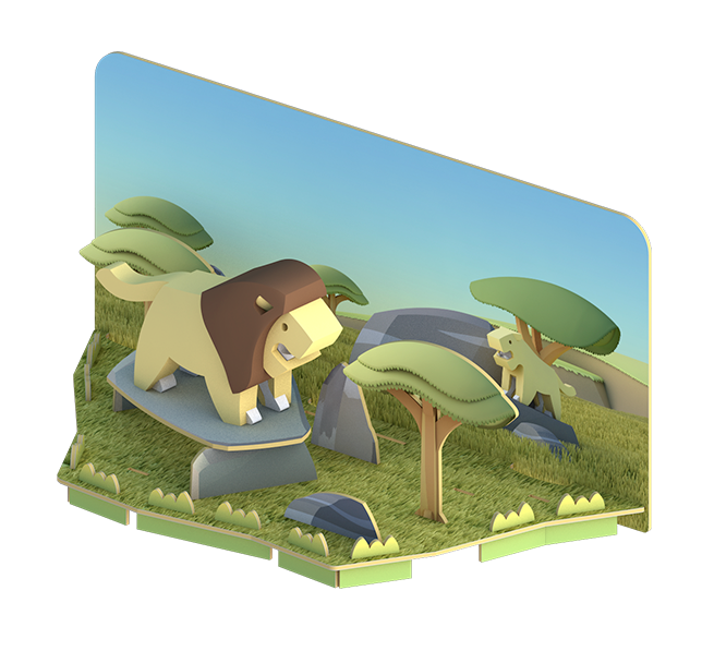 A stylized 3D illustration of a lion and a gazelle in a grassy landscape with trees, bushes, and rocks, resembling an animal skeleton puzzle from Halftoys Safari Friends by Halftoys.