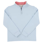 The Beaufort Bonnet Company Baby Boys’ and Boys’ Hayword Half Zip in Buckhead Blue features a light blue quarter-zip front and a red-and-white striped inner collar.