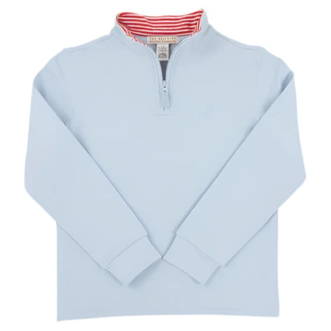 The Beaufort Bonnet Company Baby Boys’ and Boys’ Hayword Half Zip in Buckhead Blue features a light blue quarter-zip front and a red-and-white striped inner collar.