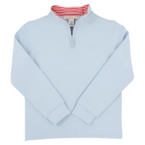 The Beaufort Bonnet Company Baby Boys’ and Boys’ Hayword Half Zip in Buckhead Blue features a light blue quarter-zip front and a red-and-white striped inner collar.