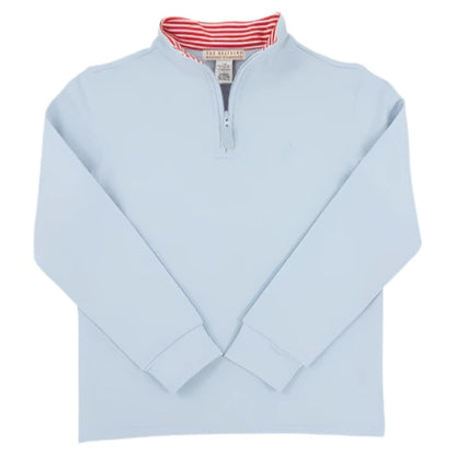 The Beaufort Bonnet Company Baby Boys’ and Boys’ Hayword Half Zip in Buckhead Blue features a light blue quarter-zip front and a red-and-white striped inner collar.
