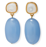 Big Sur Earrings by Lizzie Fortunato feature irregular mother-of-pearl studs set in gold-plated brass, accented with large oval blue gemstone drops.