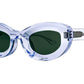 The Jazz sunglasses by Thierry Lasry feature translucent blue, futuristic oval frames and dark lenses, beautifully set against a white background.