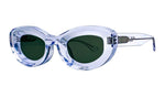 Pair of Thierry Lasry Jazz Sunglasses with round, translucent blue frames and dark tinted lenses against a white background, part of the exclusive Thierry Lasry eyewear collection.