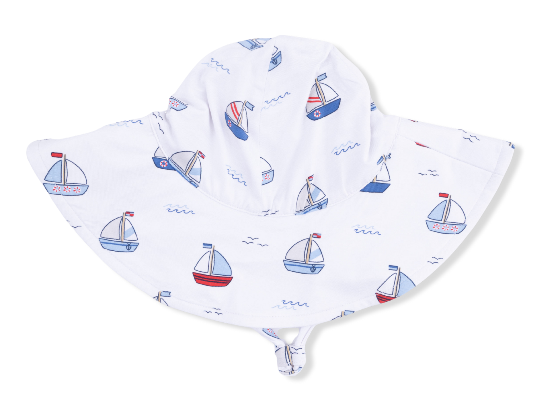 The Angel Dear Baby Wide Brim Sun Hat features a charming blue and red sailboat print, a chin strap for a secure fit, and gently wavy brim edges—making it an ideal choice for keeping your little one cool and protected on sunny days.
