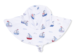 The Angel Dear Baby Wide Brim Sun Hat features a charming blue and red sailboat print, a chin strap for a secure fit, and gently wavy brim edges—making it an ideal choice for keeping your little one cool and protected on sunny days.