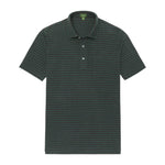 The Sid Mashburn Heather Short-Sleeved Polo in dark green, featuring a cut-and-sew collar, thin horizontal stripes, short sleeves, and a three-button placket, is shown laid flat on a white background.