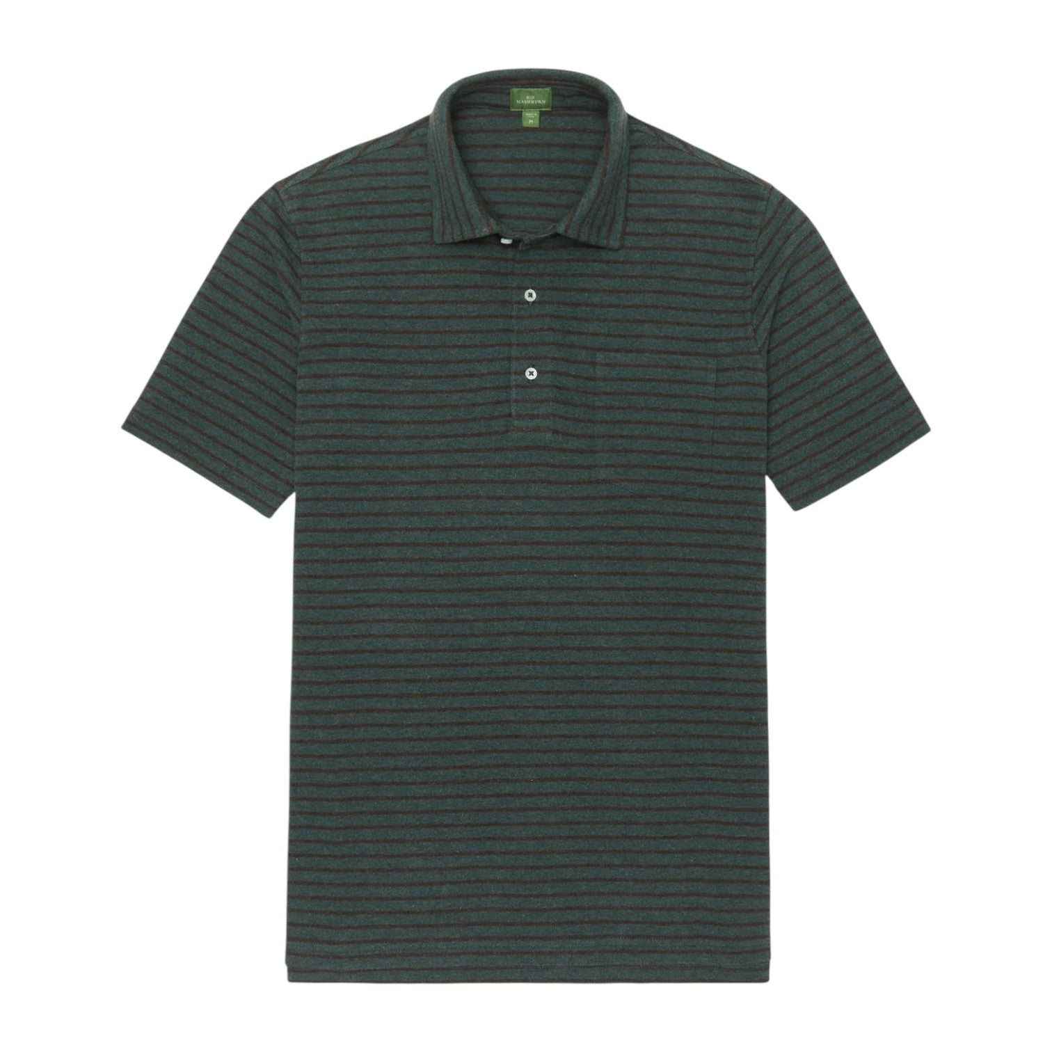 The Sid Mashburn Heather Short-Sleeved Polo in dark green, featuring a cut-and-sew collar, thin horizontal stripes, short sleeves, and a three-button placket, is shown laid flat on a white background.