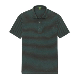 The Sid Mashburn Heather Short-Sleeved Polo in dark green, featuring a cut-and-sew collar, thin horizontal stripes, short sleeves, and a three-button placket, is shown laid flat on a white background.