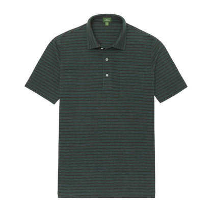 The Sid Mashburn Heather Short-Sleeved Polo in dark green, featuring a cut-and-sew collar, thin horizontal stripes, short sleeves, and a three-button placket, is shown laid flat on a white background.