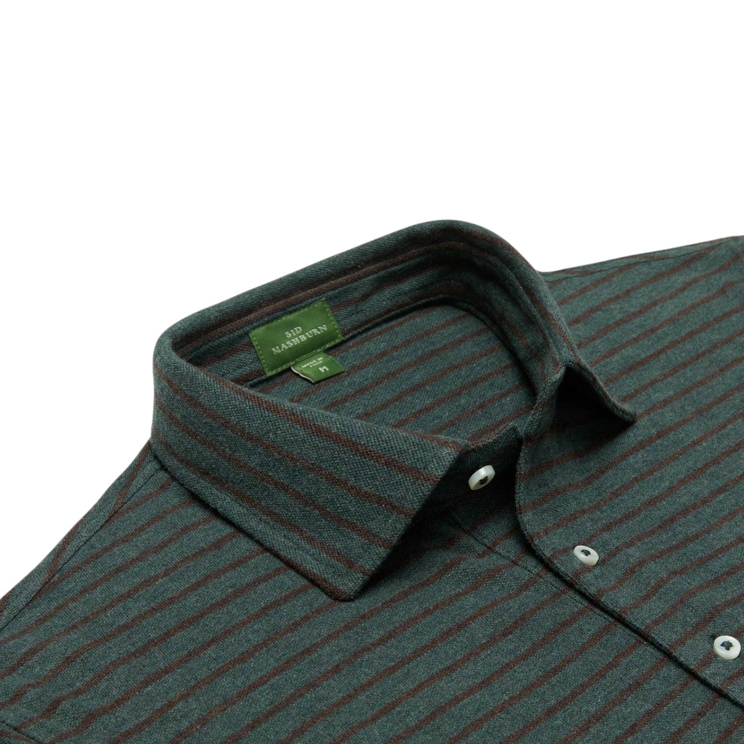 A close-up of the Sid Mashburn Heather Short-Sleeved Polo, featuring green and red stripes, a cut-and-sew collar, white buttons, and the brand label inside the collar.