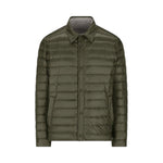 The Herno Quilted Reversible Bomber features an olive green quilted design with a collared neck, snap button closure, and long sleeves, making it perfect for lightweight layering; shown here on a plain white background.